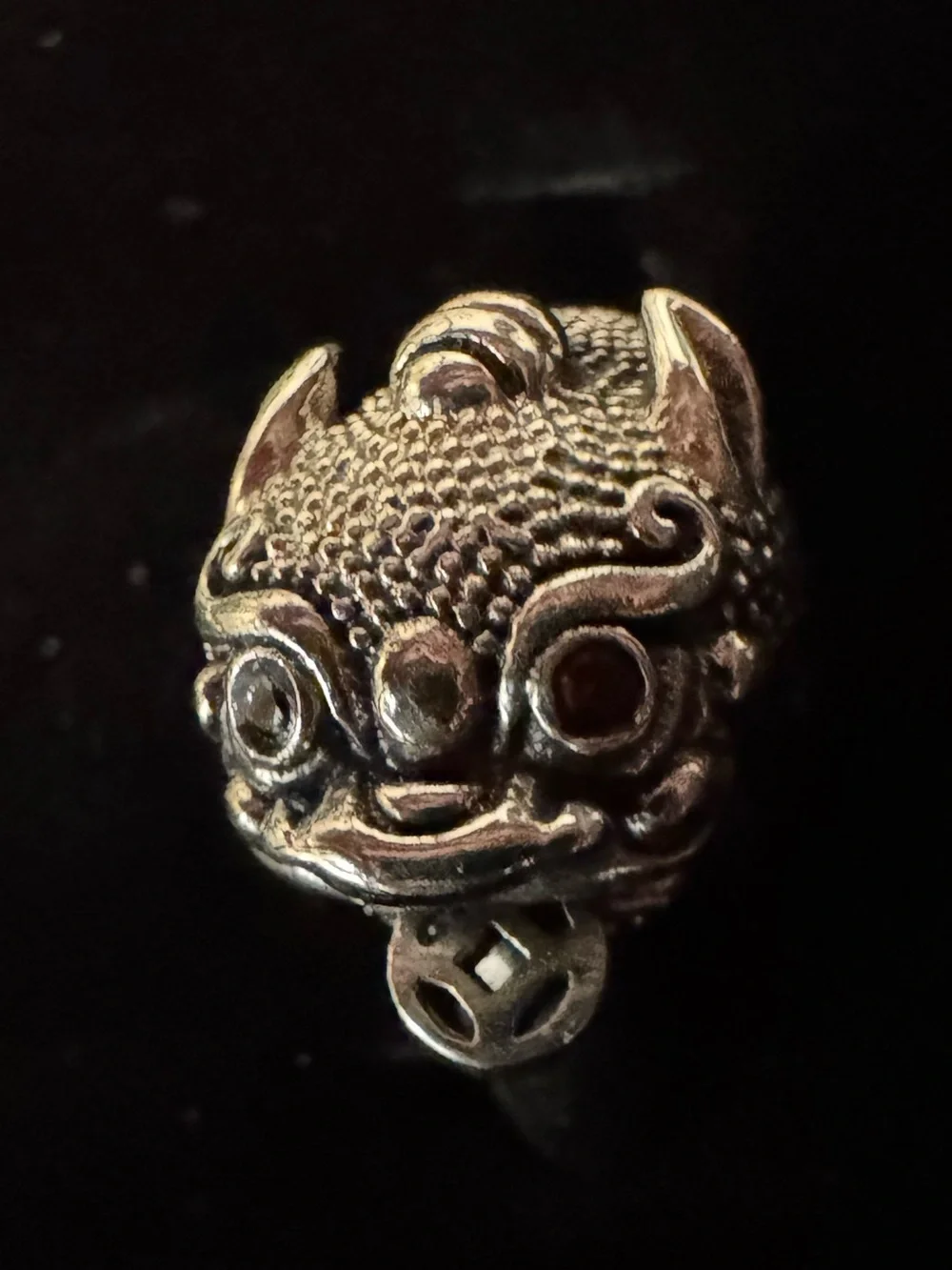 Sterling silver Chinese Foo Dog Ring - with ruby eyes